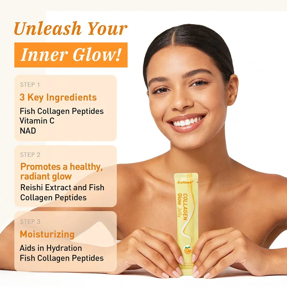 Woman holding LeafStory Collagen Glow Jelly featuring fish collagen peptides, vitamin C and skin glow support ingredients