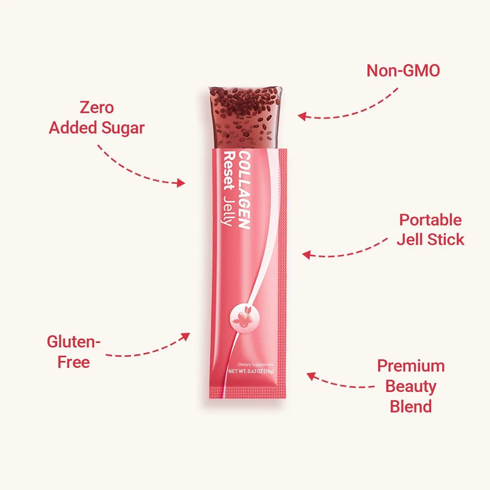 Plant-based Collagen Reset Jelly stick showing zero added sugar, gluten-free, non-GMO, and portable features.