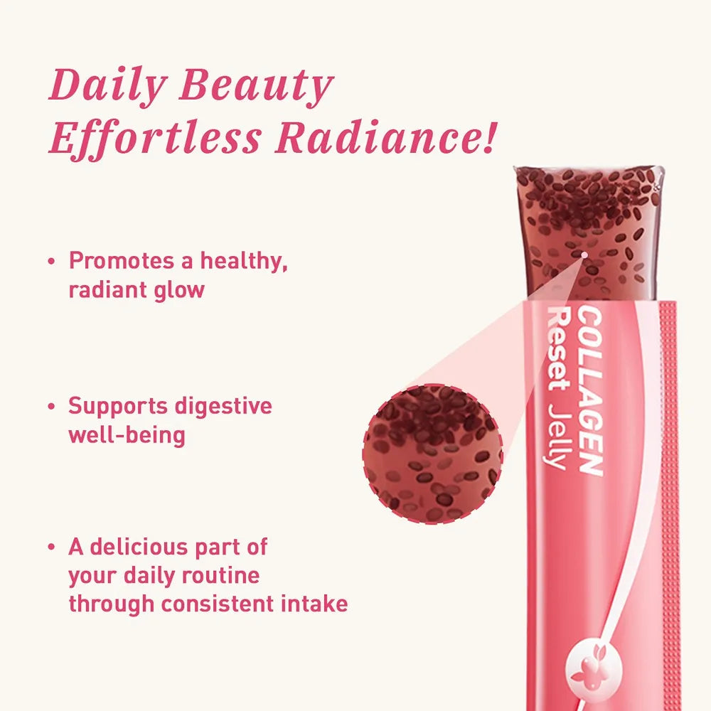 Benefits of Collagen Reset Jelly: supports skin elasticity, digestive comfort, and encourages daily radiance.