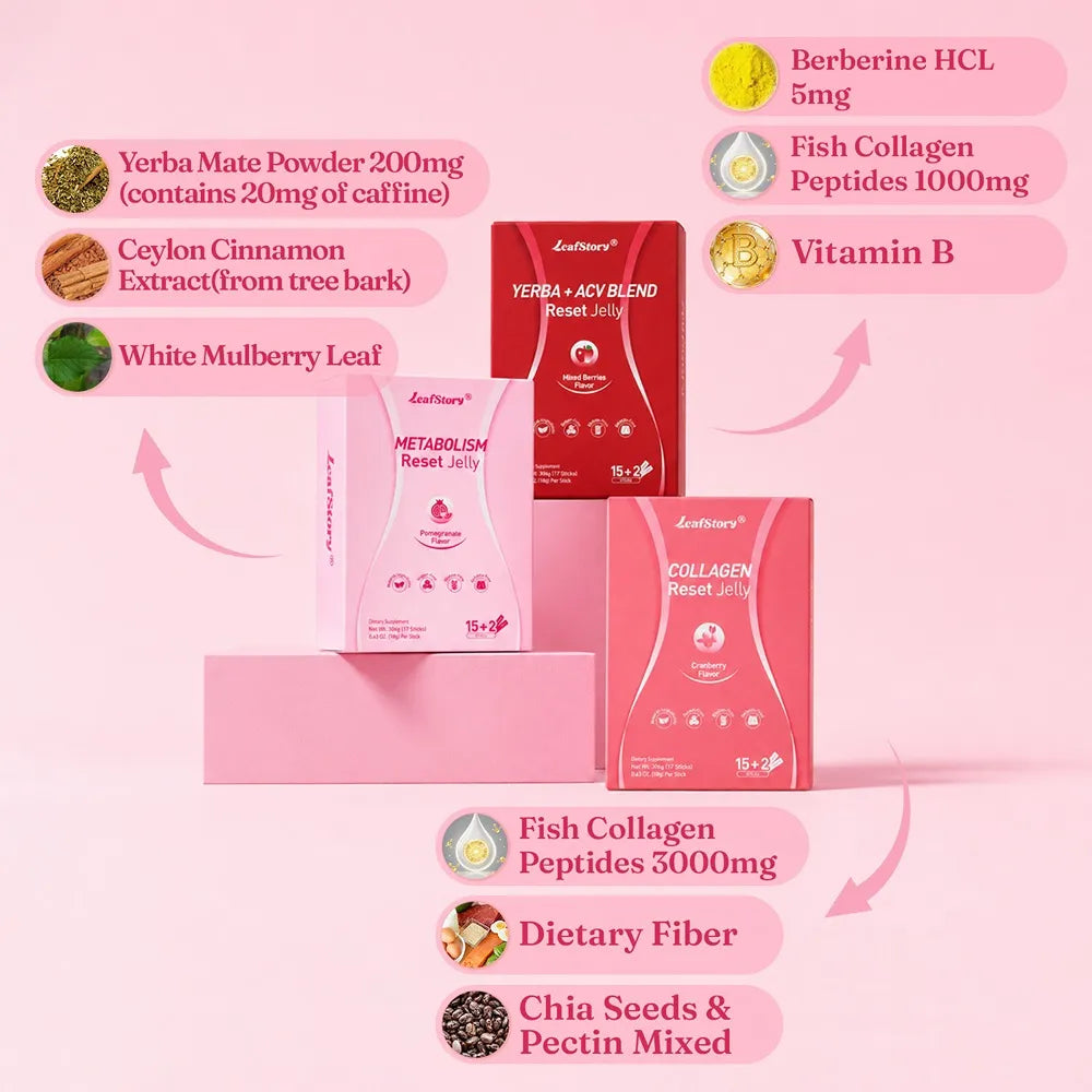 LeafStory supplement jelly bundle showing ingredients like berberine, collagen, yerba mate, and chia seeds.