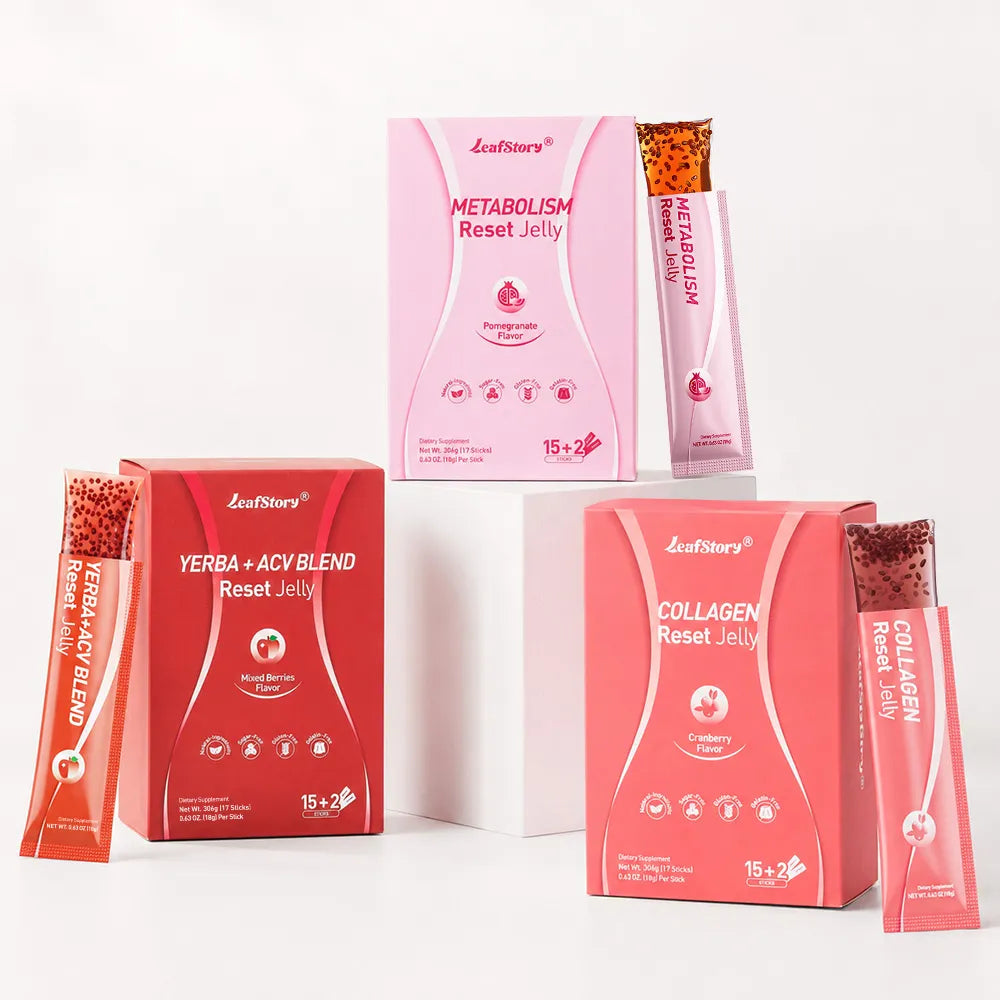 LeafStory Reset Jelly 3-pack bundle with Metabolism, Yerba ACV Blend, and Collagen flavor stick packs.