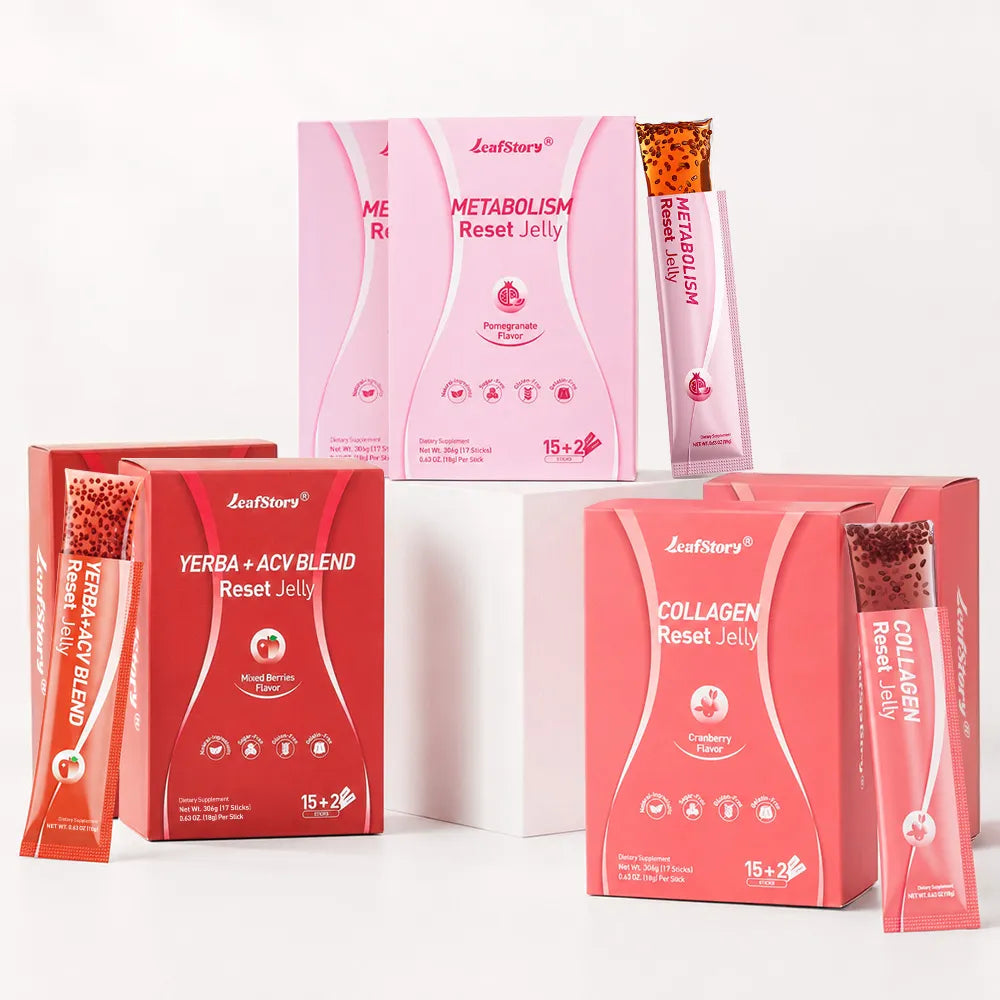 LeafStory metabolic balance jelly supplement boxes and sticks in Pomegranate, Mixed Berries, Cranberry.
