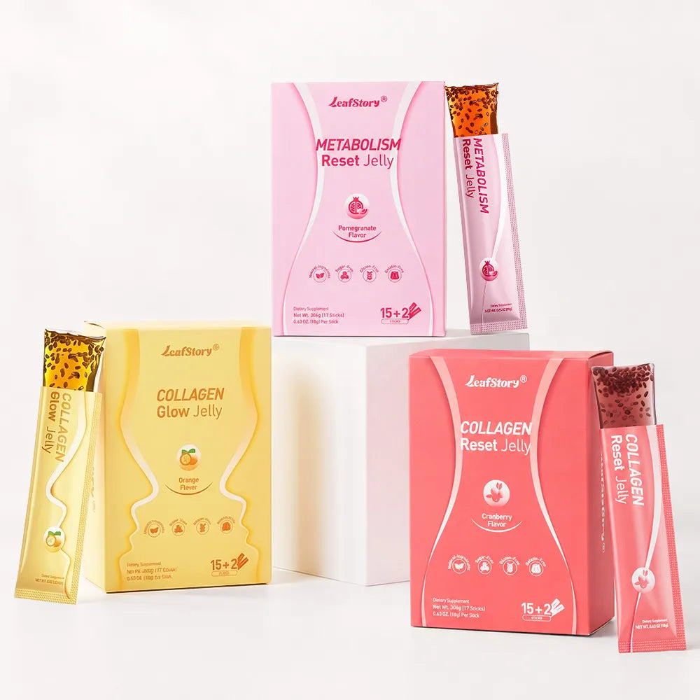 LeafStory 0-added-sugar functional jellies bundle with open stick packs showing real chia seeds texture.
