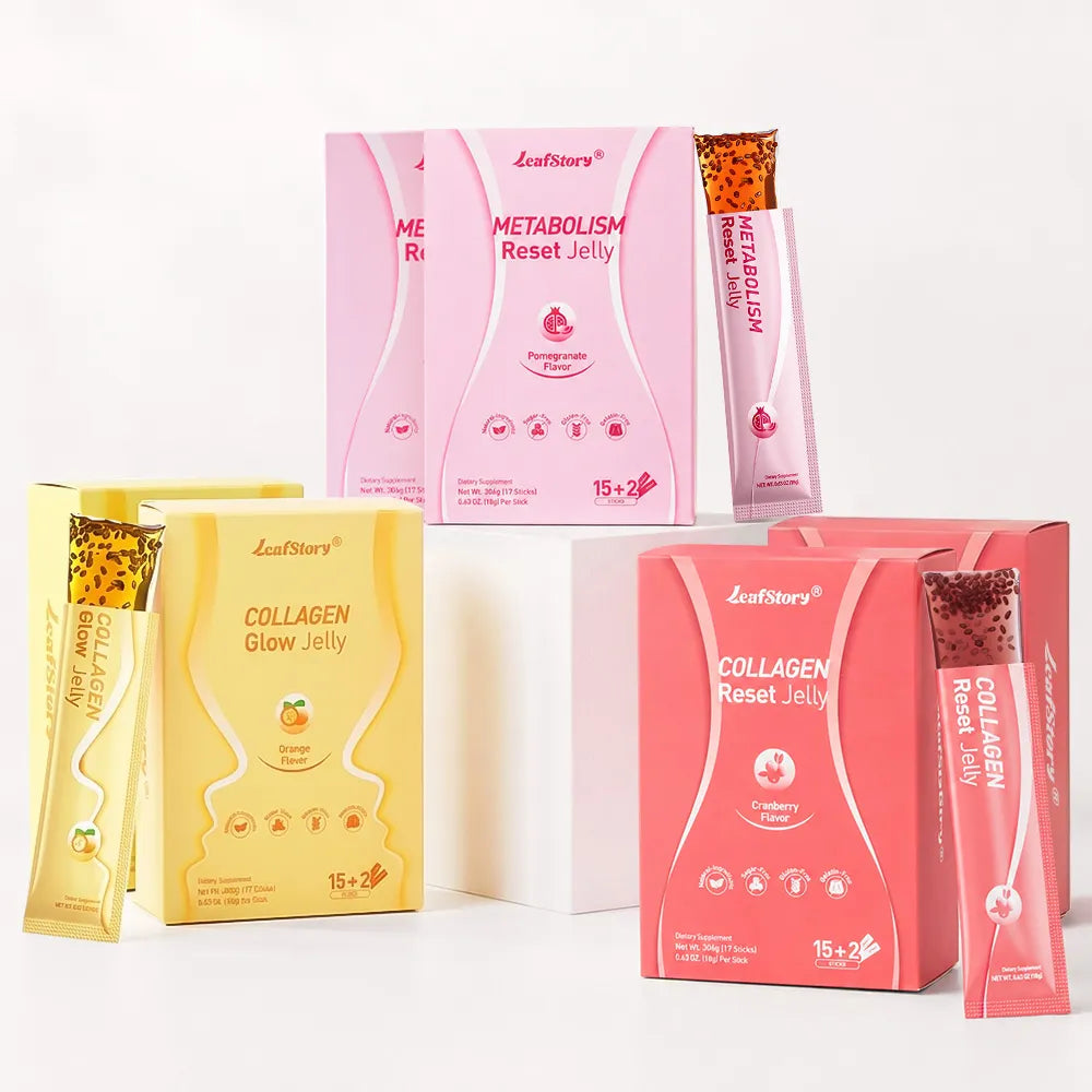Multi-box stock of LeafStory Restoration Trio bundle including full-cycle metabolism and collagen wellness jellies.