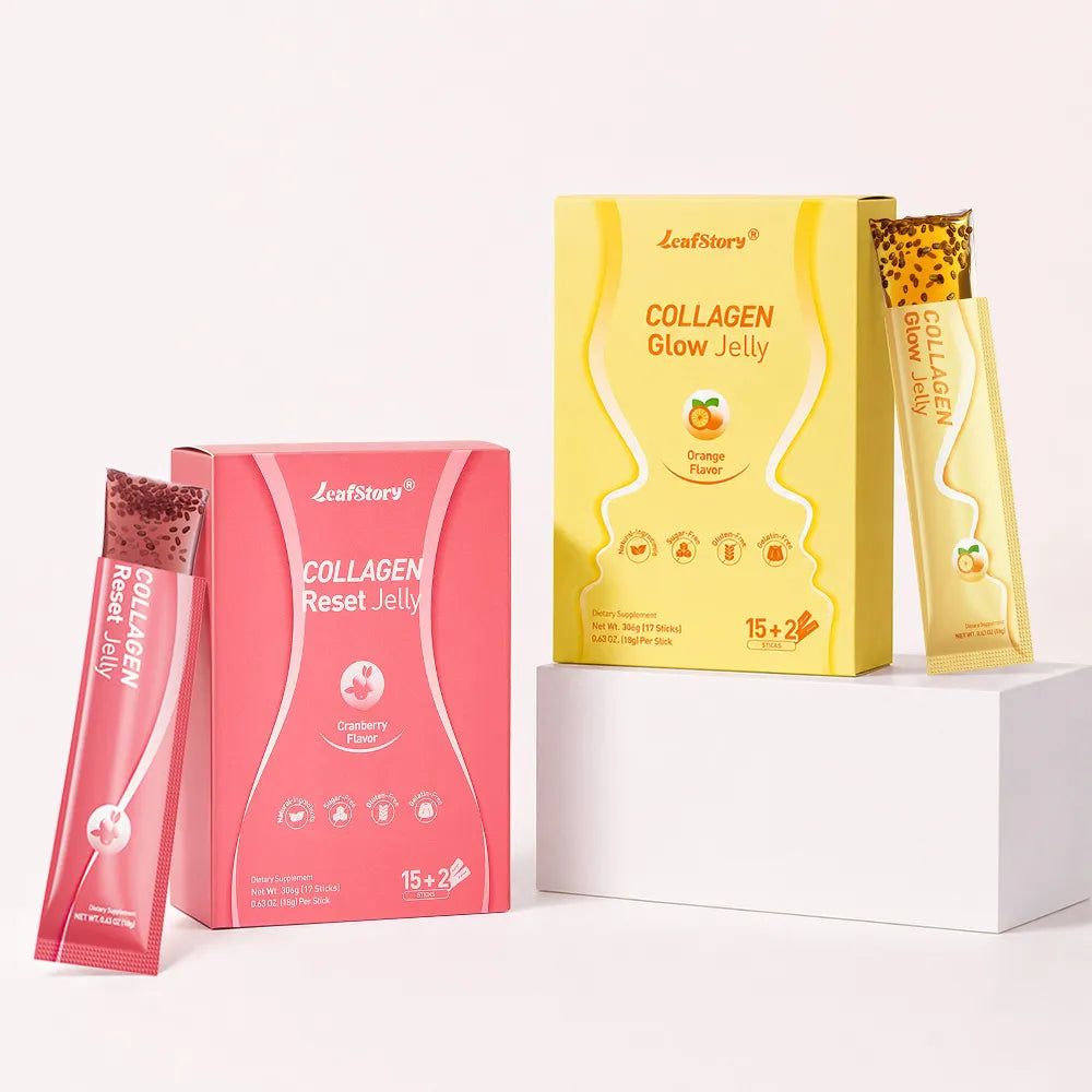 LeafStory Collagen Reset and Glow Jelly sticks bundle in cranberry and orange flavors for daily health routine.