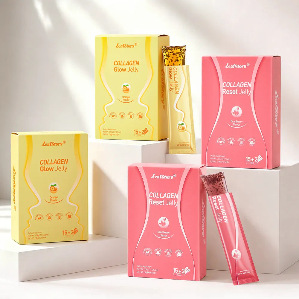Multiple boxes of LeafStory premium fish collagen peptide jelly sticks on white display stands for skincare and wellness.