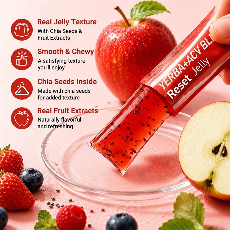 Close-up of Yerba + ACV Blend Reset Jelly stick with chia seeds, real fruit extracts and chewy jelly texture