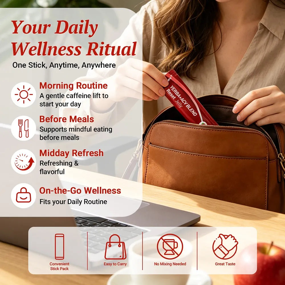 Woman carrying Yerba + ACV Blend Reset Jelly stick for daily wellness routine and on-the-go convenience