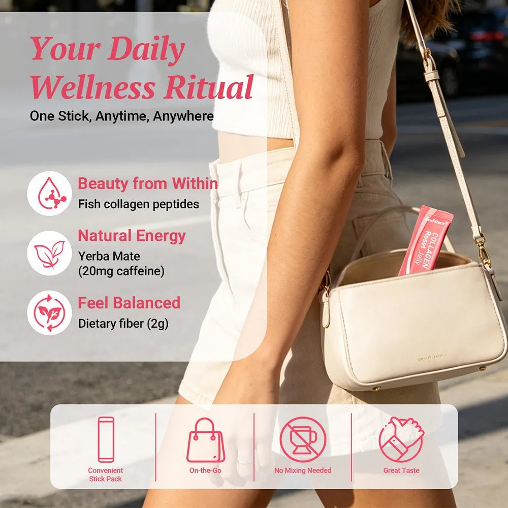 Woman carrying a Collagen Reset Jelly stick in her purse, highlighting portable daily wellness and natural energy.